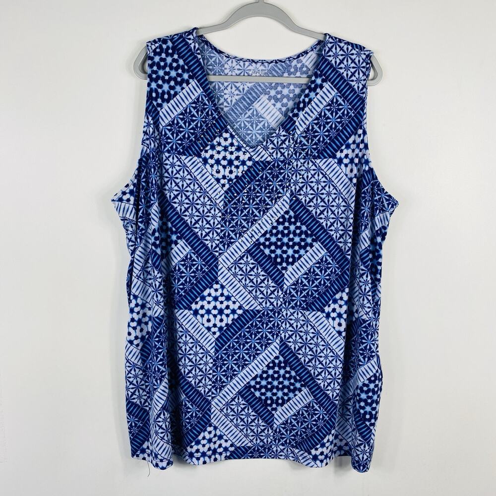 Catherines Tank Top 2X 22 24 Blue Patchwork Print Embellished Rhinestone V-Neck